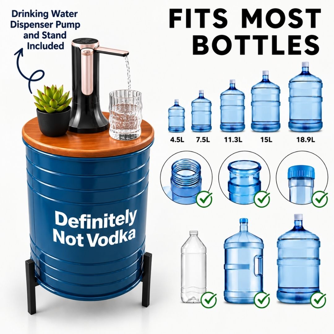 Definitely Not Vodka Printed 5-Gallon Hidden Water Jug Side Table with Wireless Dispenser Pump & Metal Stand - Blue