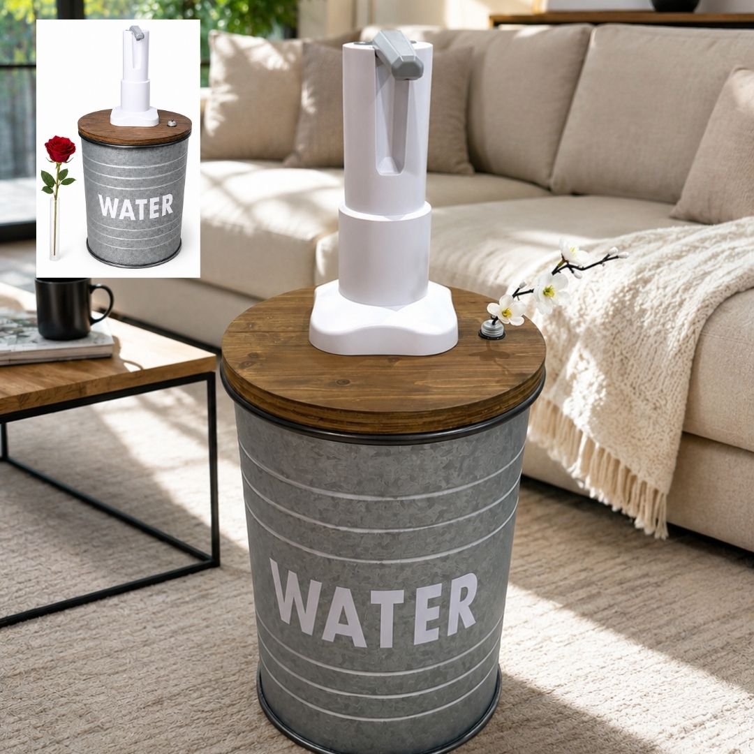 Rustic Style Metal Barrel Water Jug Side Table with Wireless Water Pump Dispenser and Floral Tube - Fits All Bottles