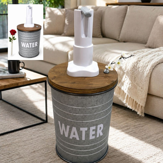 Rustic Style Metal Barrel Water Jug Side Table with Wireless Water Pump Dispenser and Floral Tube - Fits All Bottles
