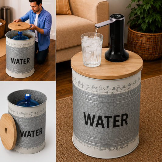 Farmhouse Style Metal Barrel Water Jug Side Table with Wireless Water Pump Dispenser - Fits All Bottles