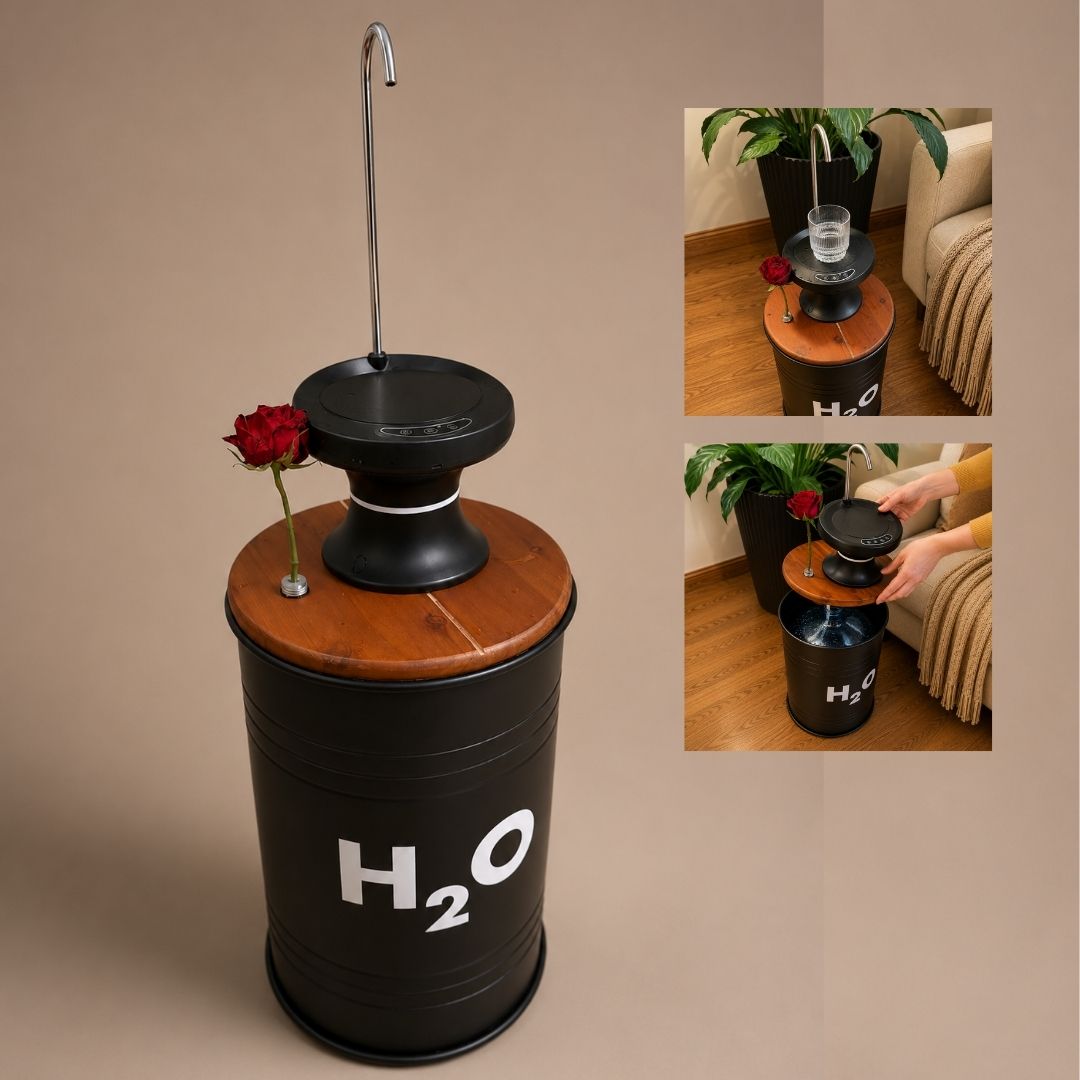 5-Gallon Hidden Water Jug Side Table with Wireless Dispenser Pump & Floral Tube – Black Metal H₂O Barrel