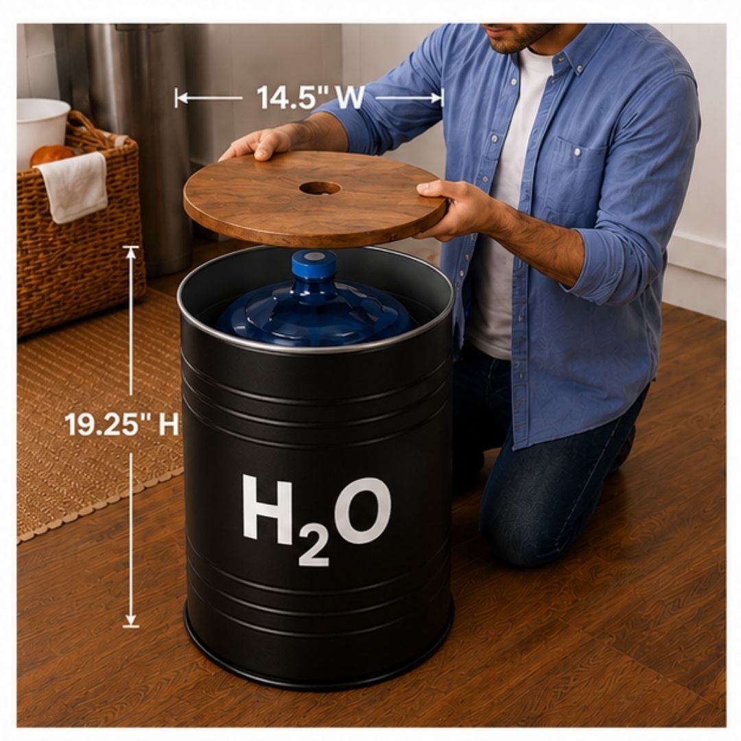 H₂O Black Metal Barrel Water Jug Side Table with Wireless Water Pump Dispenser - Fits All Bottles