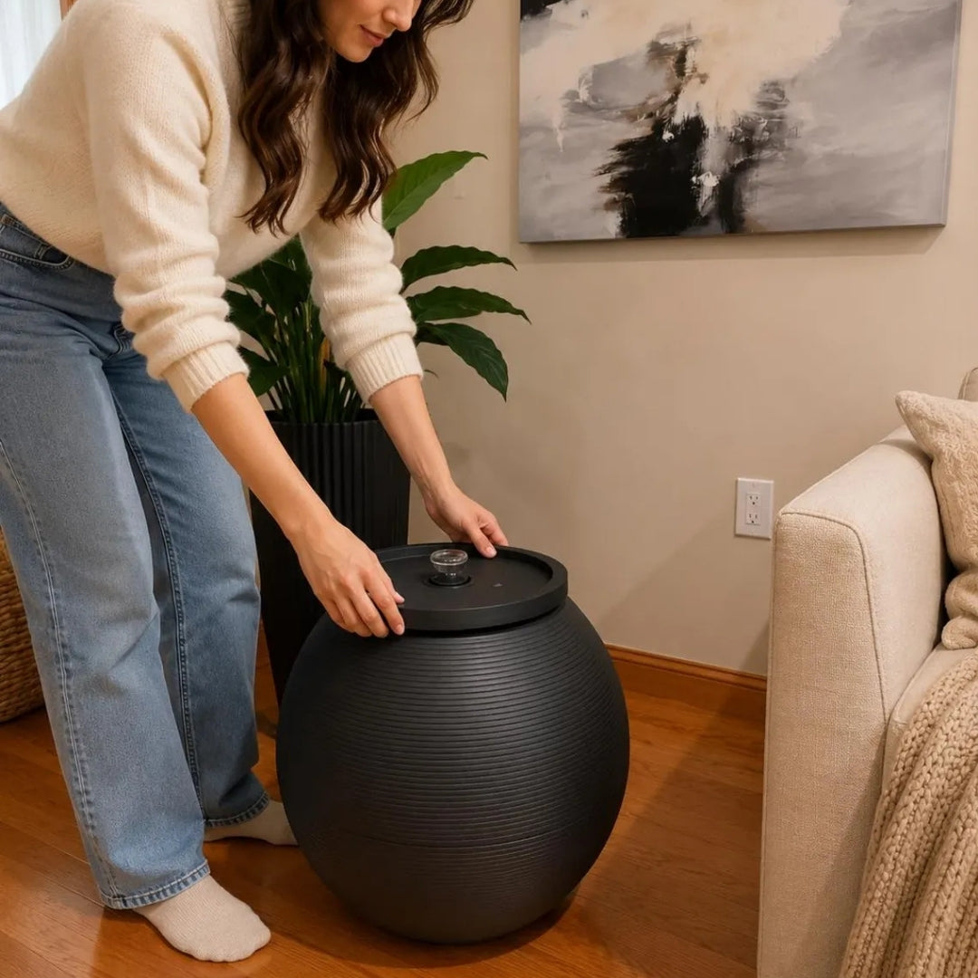Anthracite Modern Sphere Water Jug Table with Black Wood Top & Wireless Water Pump, Hidden Bottle Cover, Fits Most Standard Water Bottles