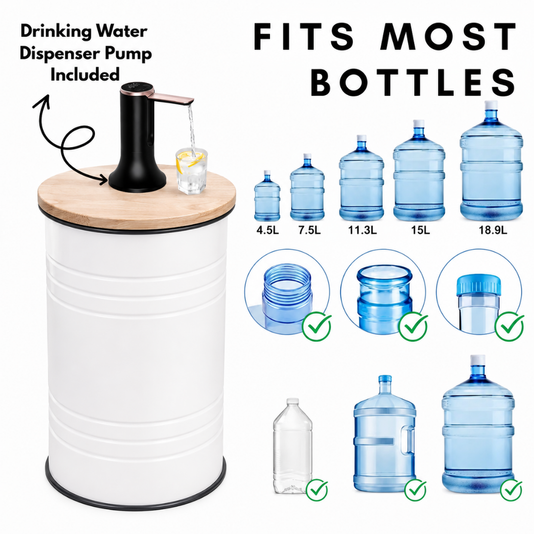 White Barrel Water Jug Side Table with Wireless Water Pump Dispenser - Fits All Bottles