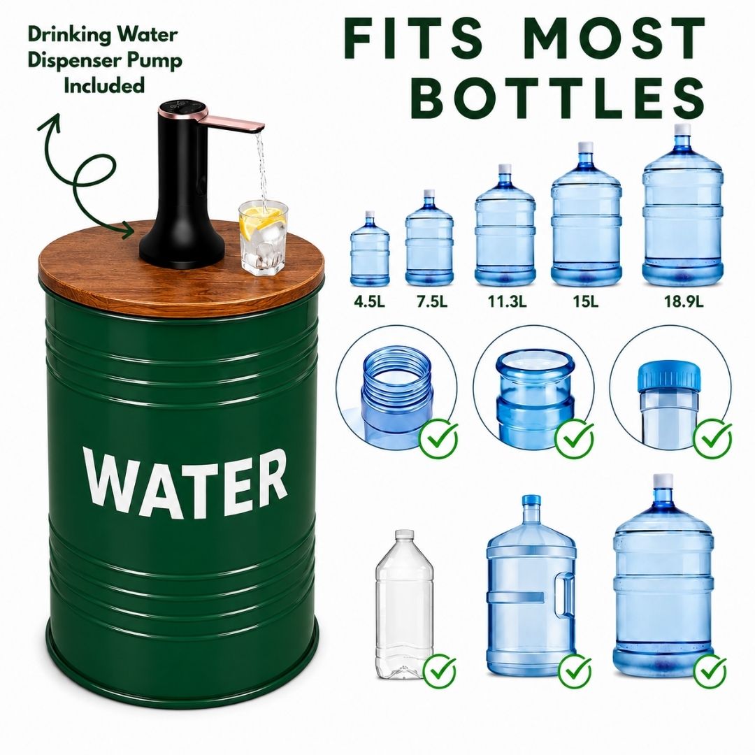 Green Metal Barrel Water Jug Side Table with Wireless Water Pump Dispenser - Fits All Bottles