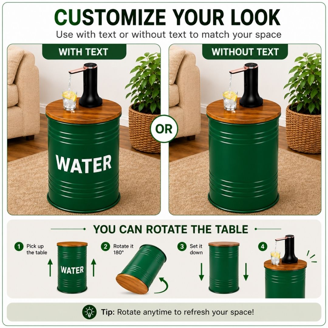 Green Metal Barrel Water Jug Side Table with Wireless Water Pump Dispenser - Fits All Bottles
