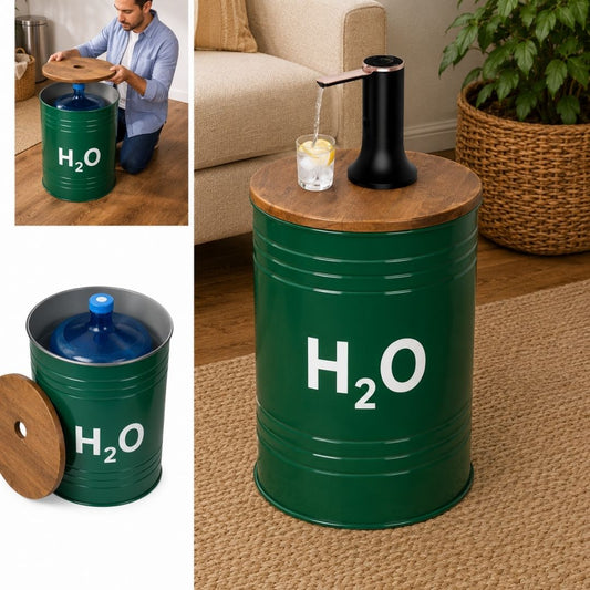 H₂O Style Green Metal Barrel Water Jug Side Table with Wireless Water Pump Dispenser - Fits All Bottles