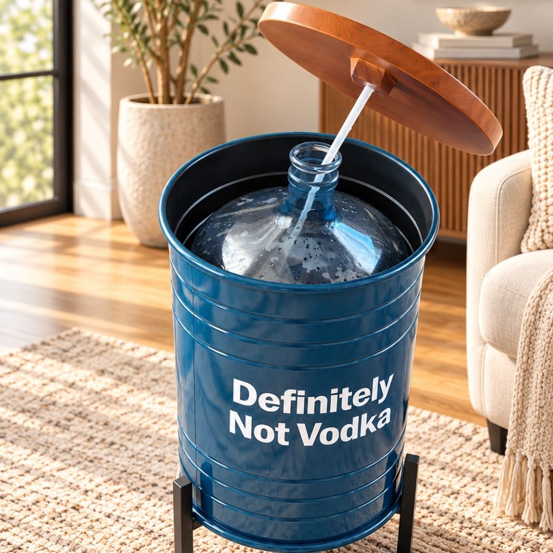 Definitely Not Vodka Printed 5-Gallon Hidden Water Jug Side Table with Wireless Dispenser Pump & Metal Stand - Blue
