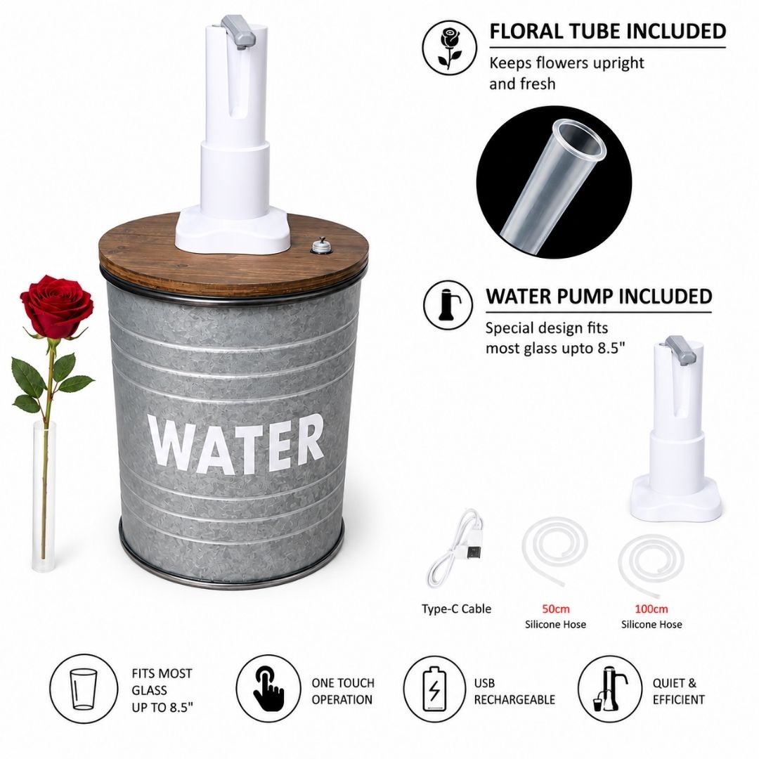 Rustic Style Metal Barrel Water Jug Side Table with Wireless Water Pump Dispenser and Floral Tube - Fits All Bottles