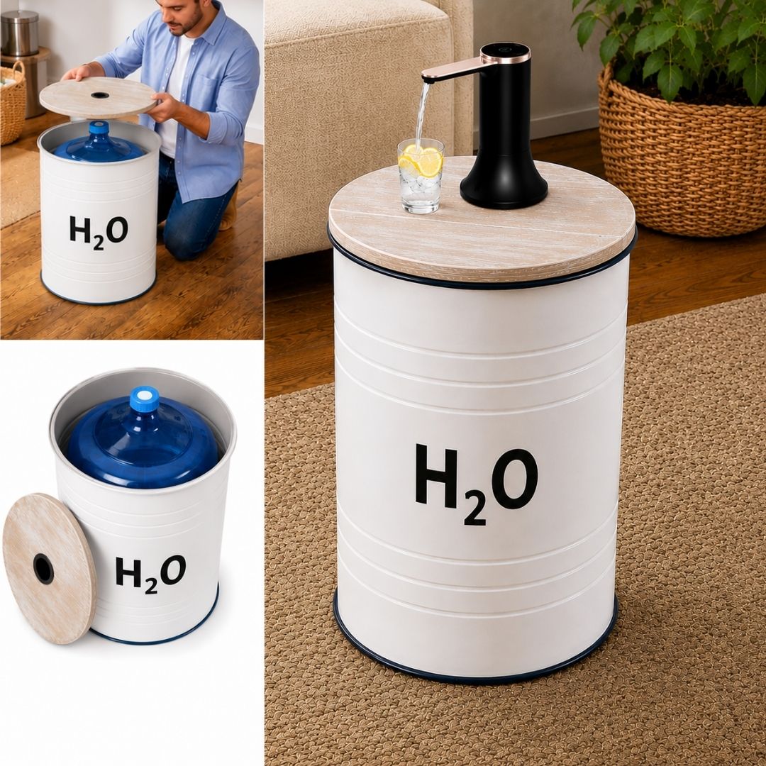 H₂O Labeled White Barrel Water Jug Side Table with Wireless Water Pump Dispenser - Fits All Bottles