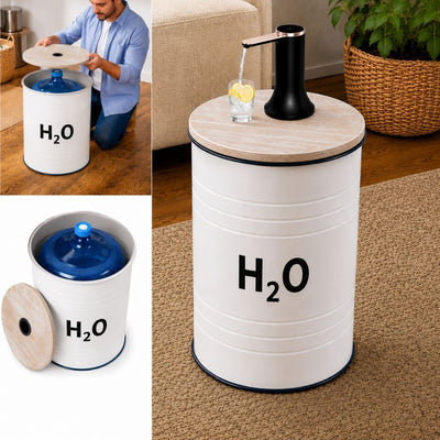 H₂O Labeled White Barrel Water Jug Side Table with Wireless Water Pump Dispenser - Fits All Bottles