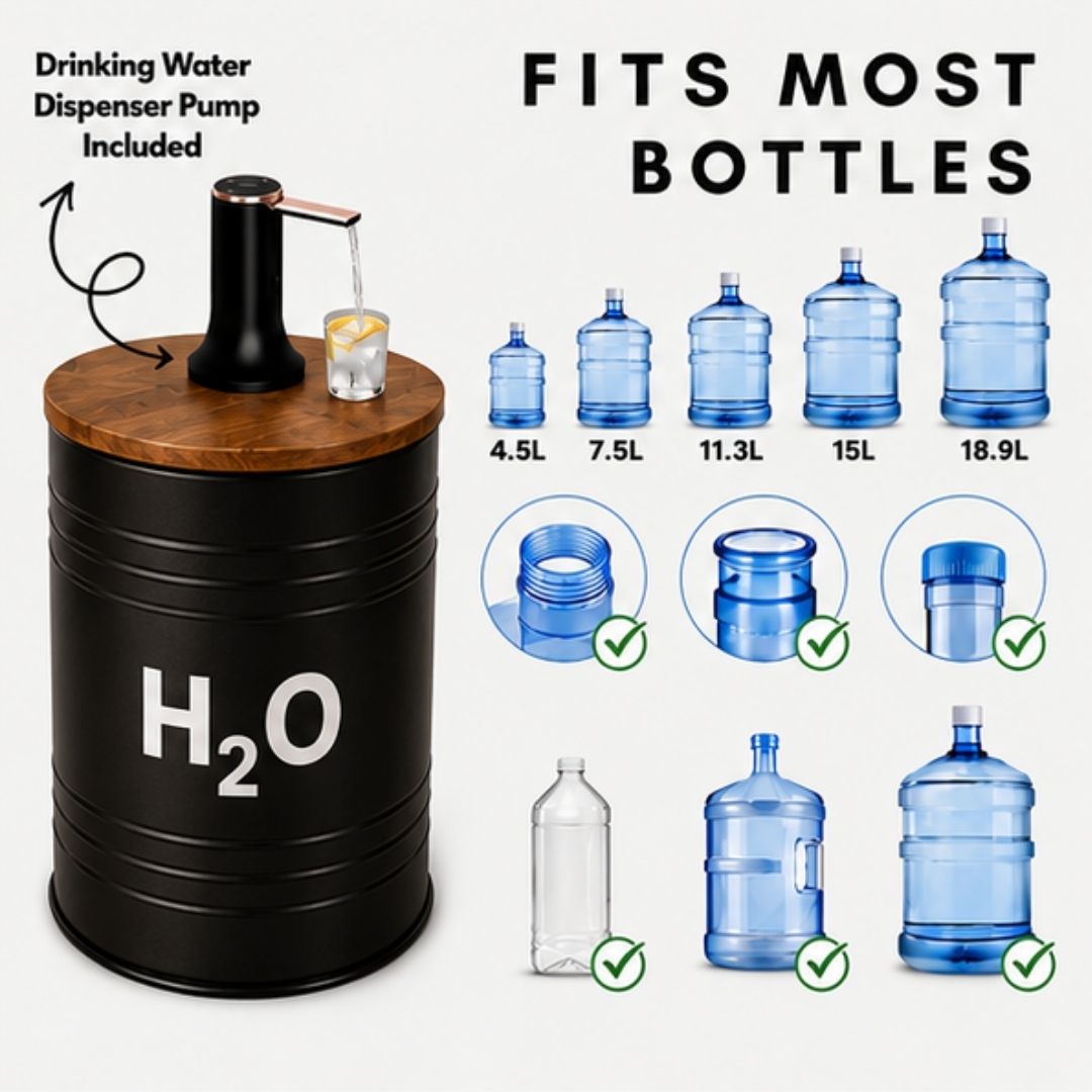 H₂O Black Metal Barrel Water Jug Side Table with Wireless Water Pump Dispenser - Fits All Bottles