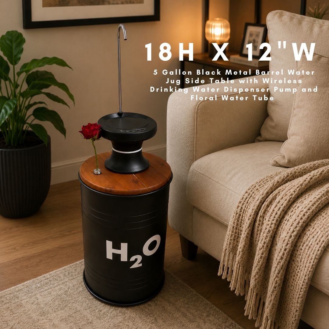 5-Gallon Hidden Water Jug Side Table with Wireless Dispenser Pump & Floral Tube – Black Metal H₂O Barrel