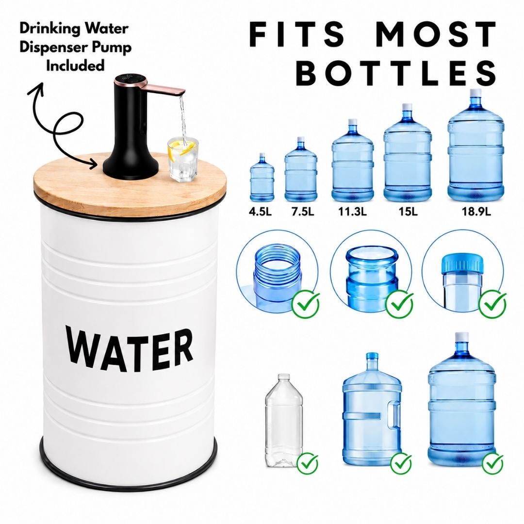Water Labeled White Barrel Water Jug Side Table with Wireless Water Pump Dispenser - Fits All Bottles