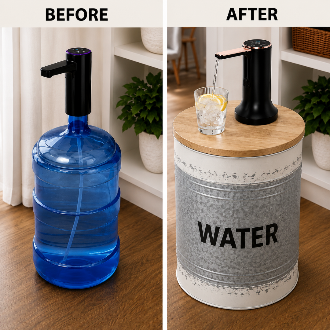 Farmhouse Style Metal Barrel Water Jug Side Table with Wireless Water Pump Dispenser - Fits All Bottles