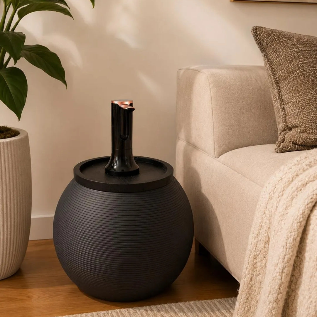 Anthracite Modern Sphere Water Jug Table with Black Wood Top & Wireless Water Pump, Hidden Bottle Cover, Fits Most Standard Water Bottles