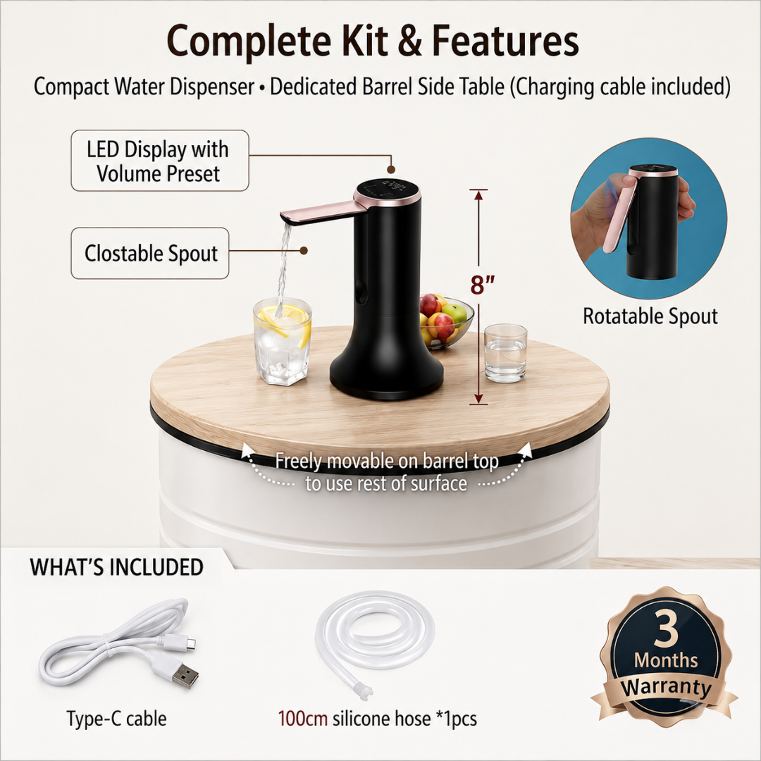 White Barrel Water Jug Side Table with Wireless Water Pump Dispenser - Fits All Bottles