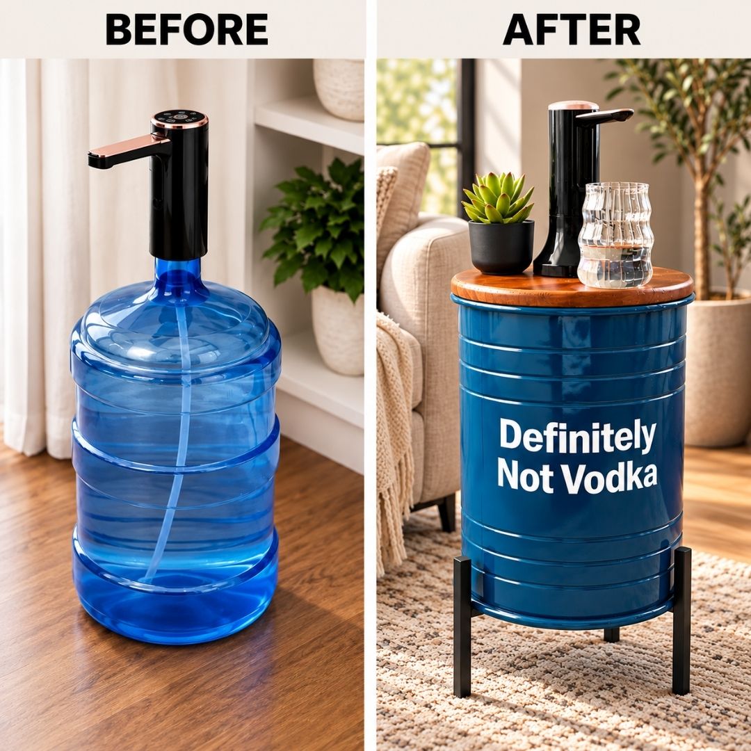 Definitely Not Vodka Printed 5-Gallon Hidden Water Jug Side Table with Wireless Dispenser Pump & Metal Stand - Blue