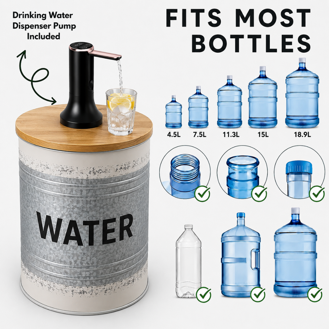 Farmhouse Style Metal Barrel Water Jug Side Table with Wireless Water Pump Dispenser - Fits All Bottles