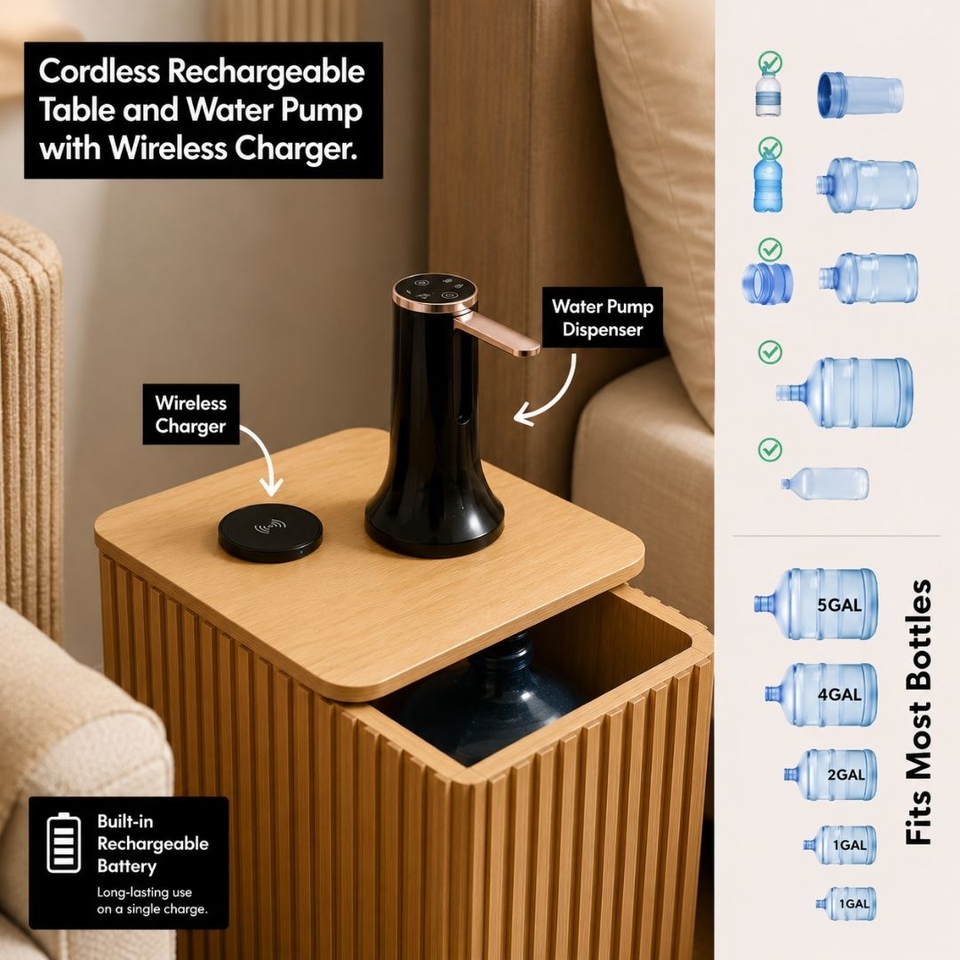 Nature Square Water Jug Table with Charging Station and Water Dispenser Pump