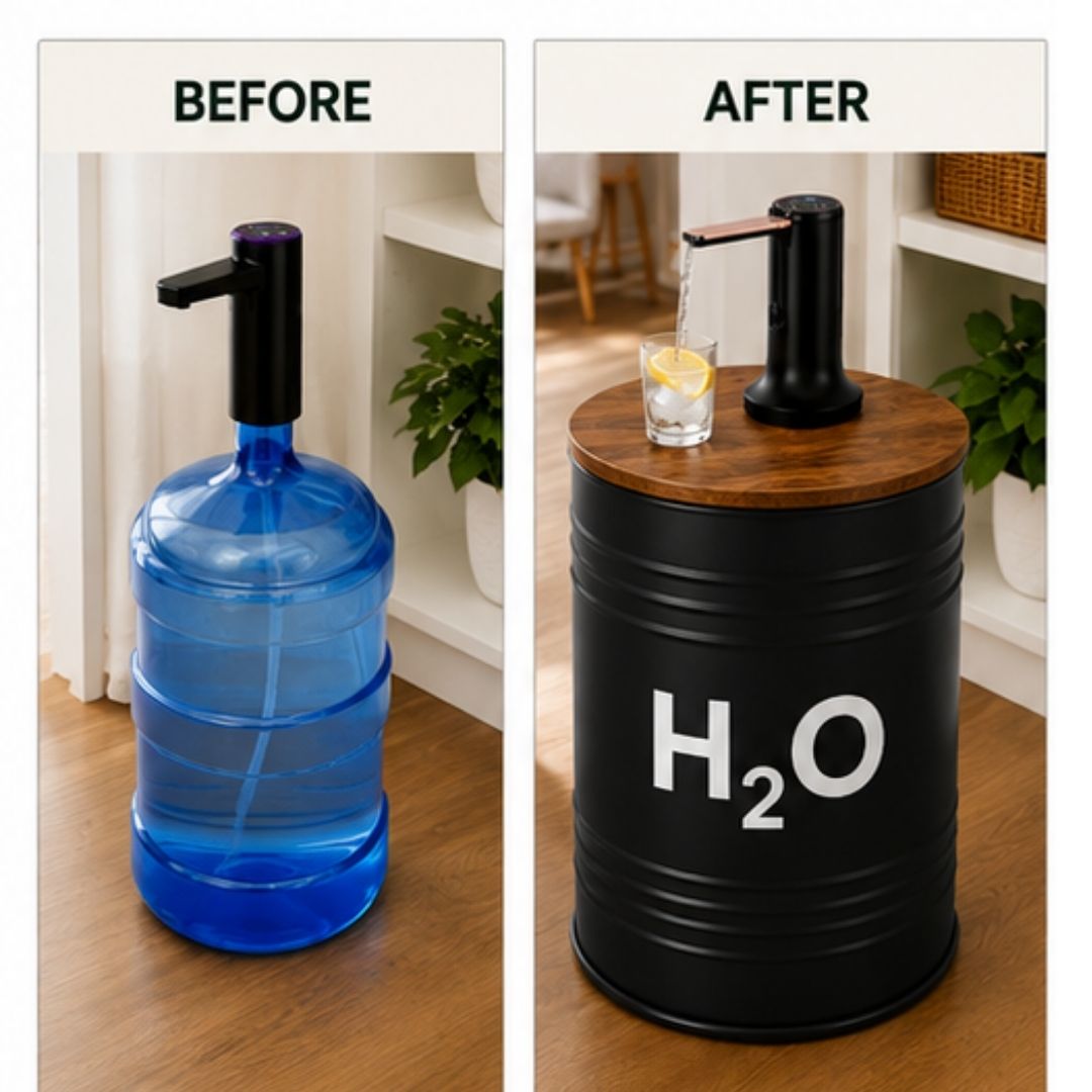H₂O Black Metal Barrel Water Jug Side Table with Wireless Water Pump Dispenser - Fits All Bottles