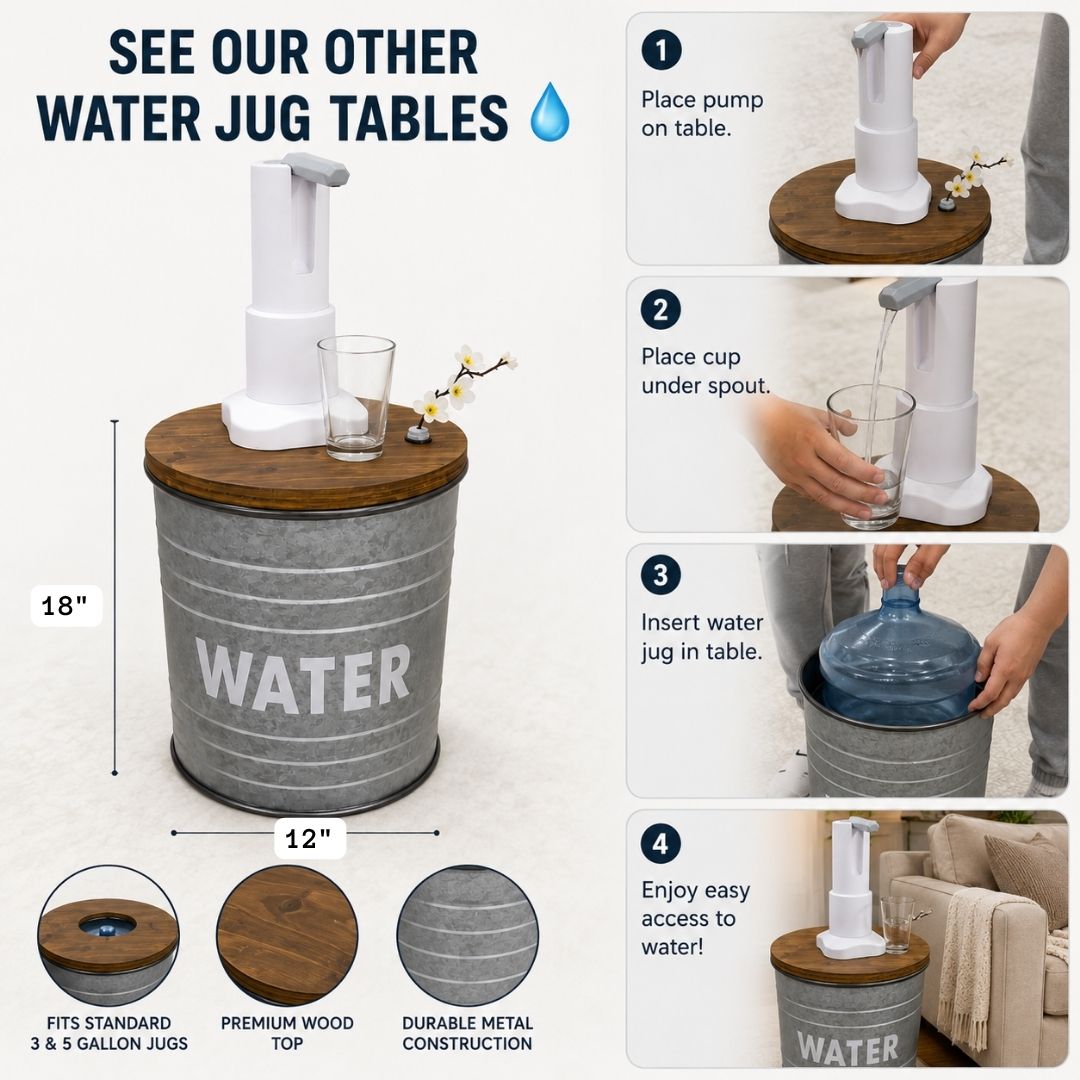 Rustic Style Metal Barrel Water Jug Side Table with Wireless Water Pump Dispenser and Floral Tube - Fits All Bottles