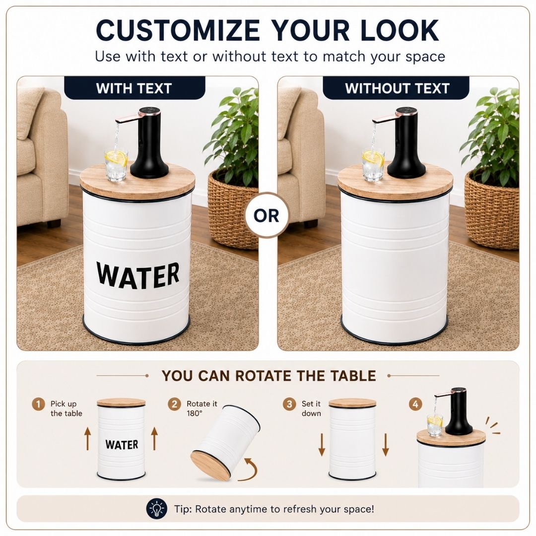 Water Labeled White Barrel Water Jug Side Table with Wireless Water Pump Dispenser - Fits All Bottles