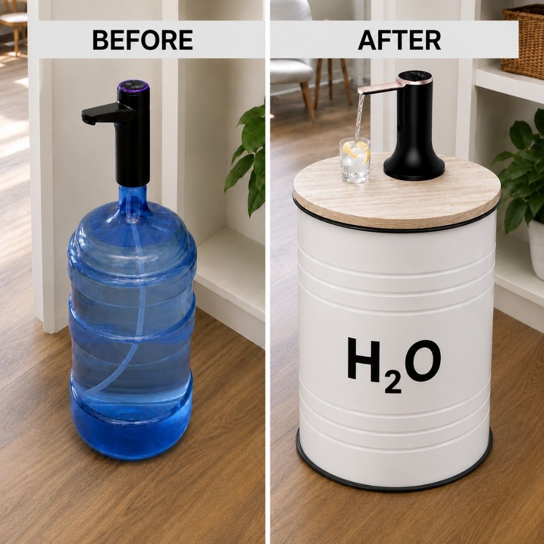 H₂O Labeled White Barrel Water Jug Side Table with Wireless Water Pump Dispenser - Fits All Bottles