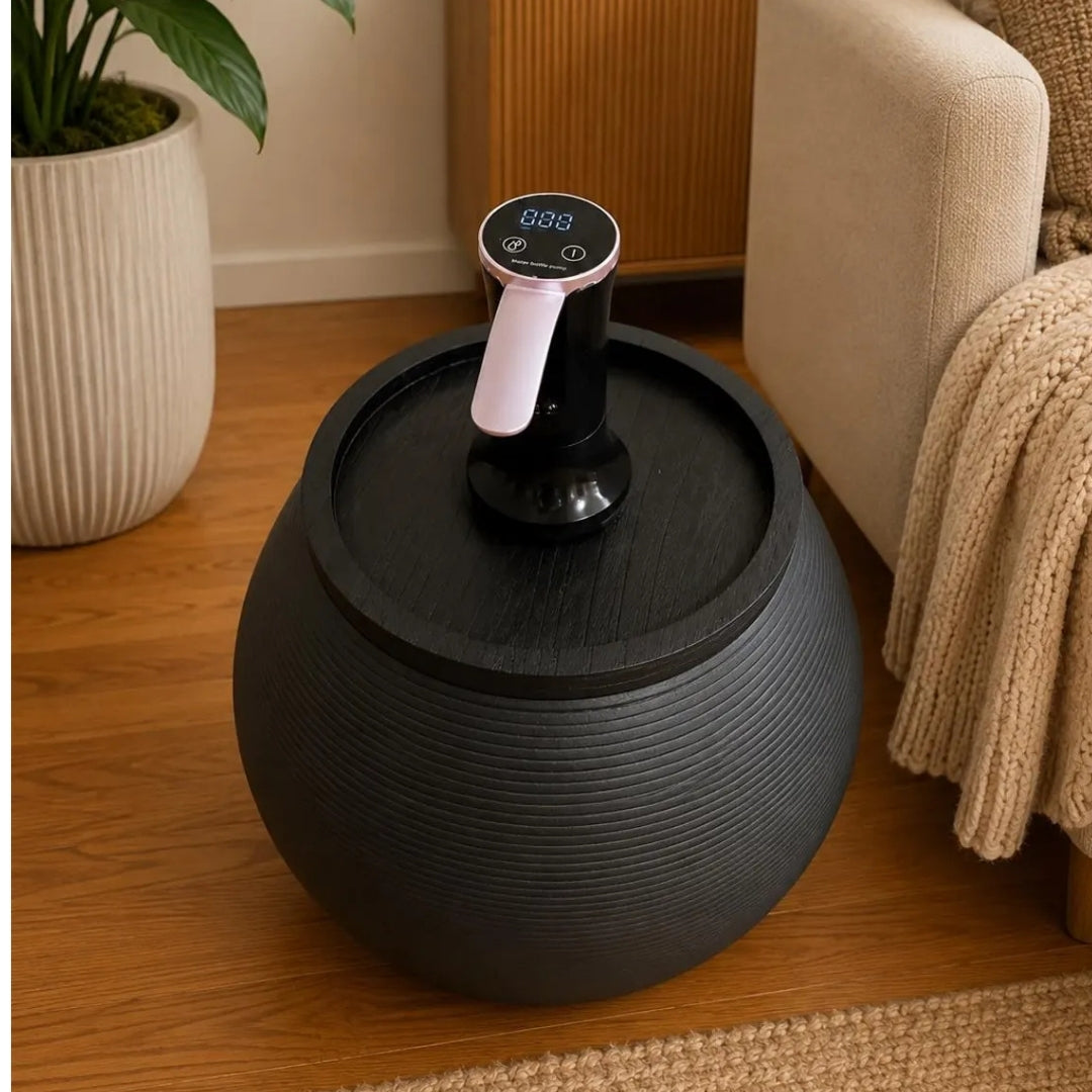 Anthracite Modern Sphere Water Jug Table with Black Wood Top & Wireless Water Pump, Hidden Bottle Cover, Fits Most Standard Water Bottles