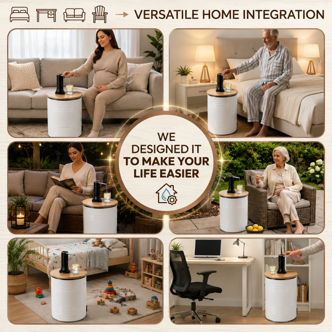 White Barrel Water Jug Side Table with Wireless Water Pump Dispenser - Fits All Bottles