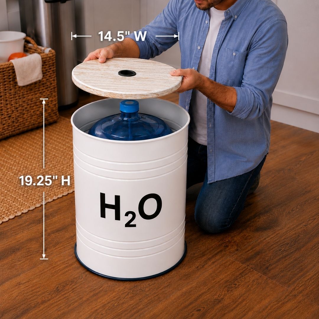 H₂O Labeled White Barrel Water Jug Side Table with Wireless Water Pump Dispenser - Fits All Bottles