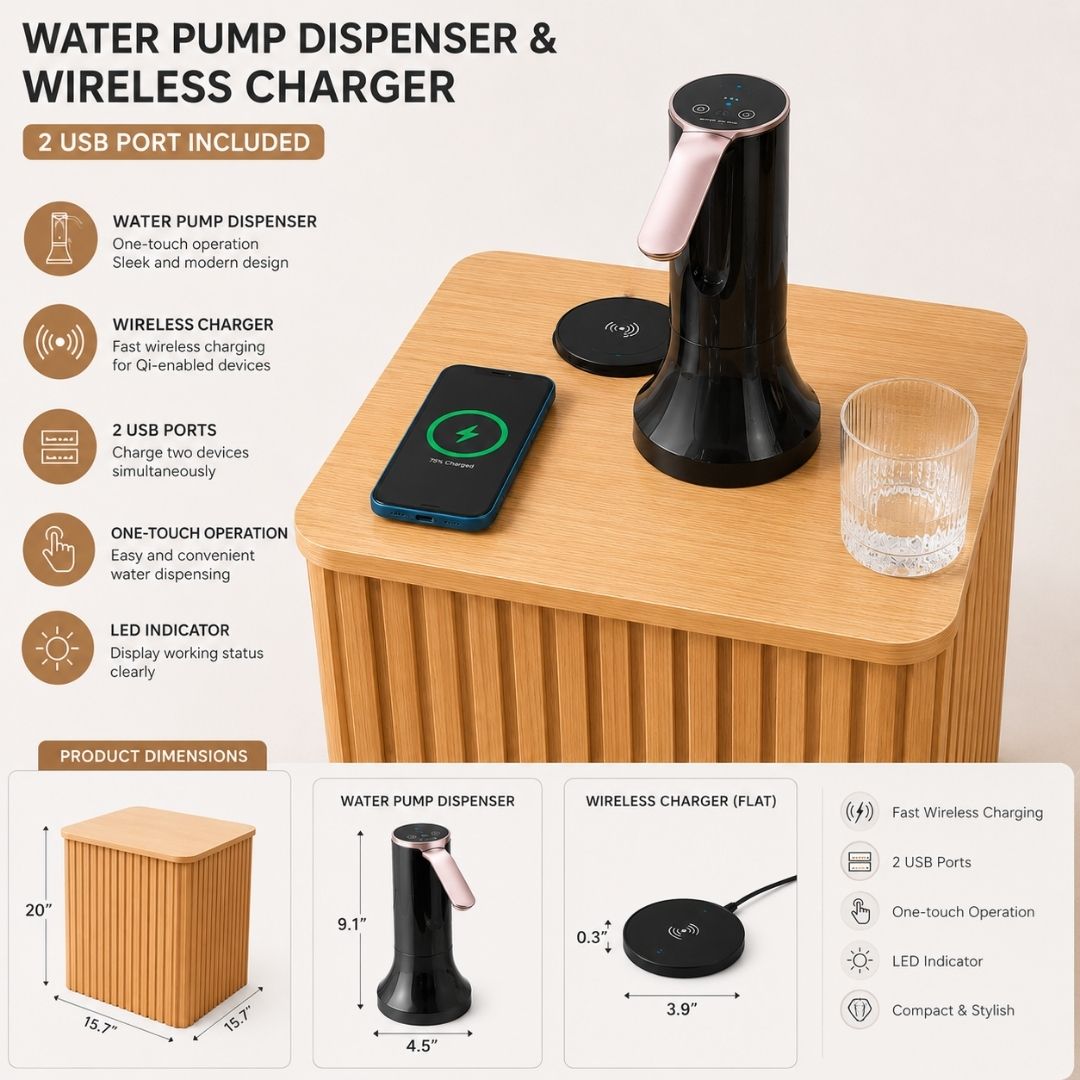 Nature Square Water Jug Table with Charging Station and Water Dispenser Pump