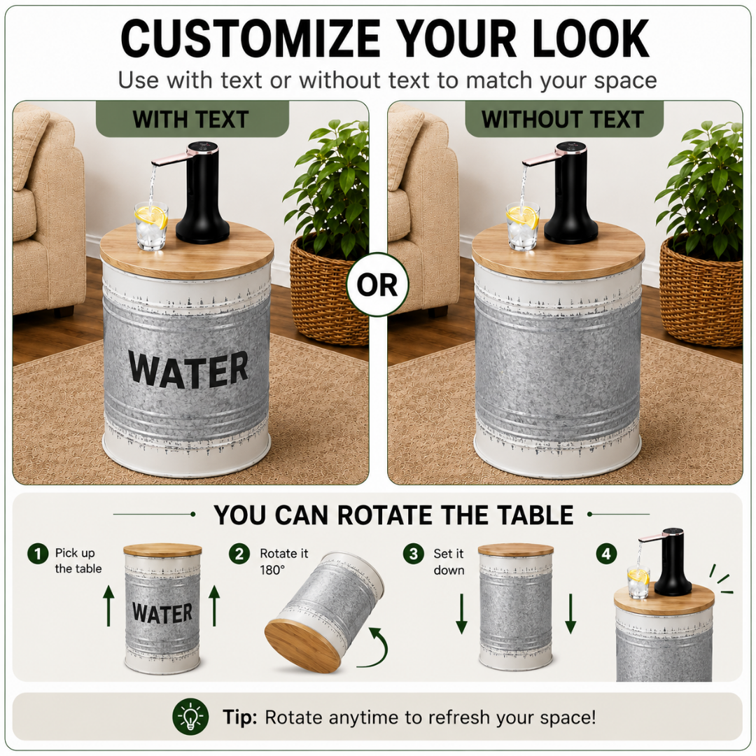 Farmhouse Style Metal Barrel Water Jug Side Table with Wireless Water Pump Dispenser - Fits All Bottles