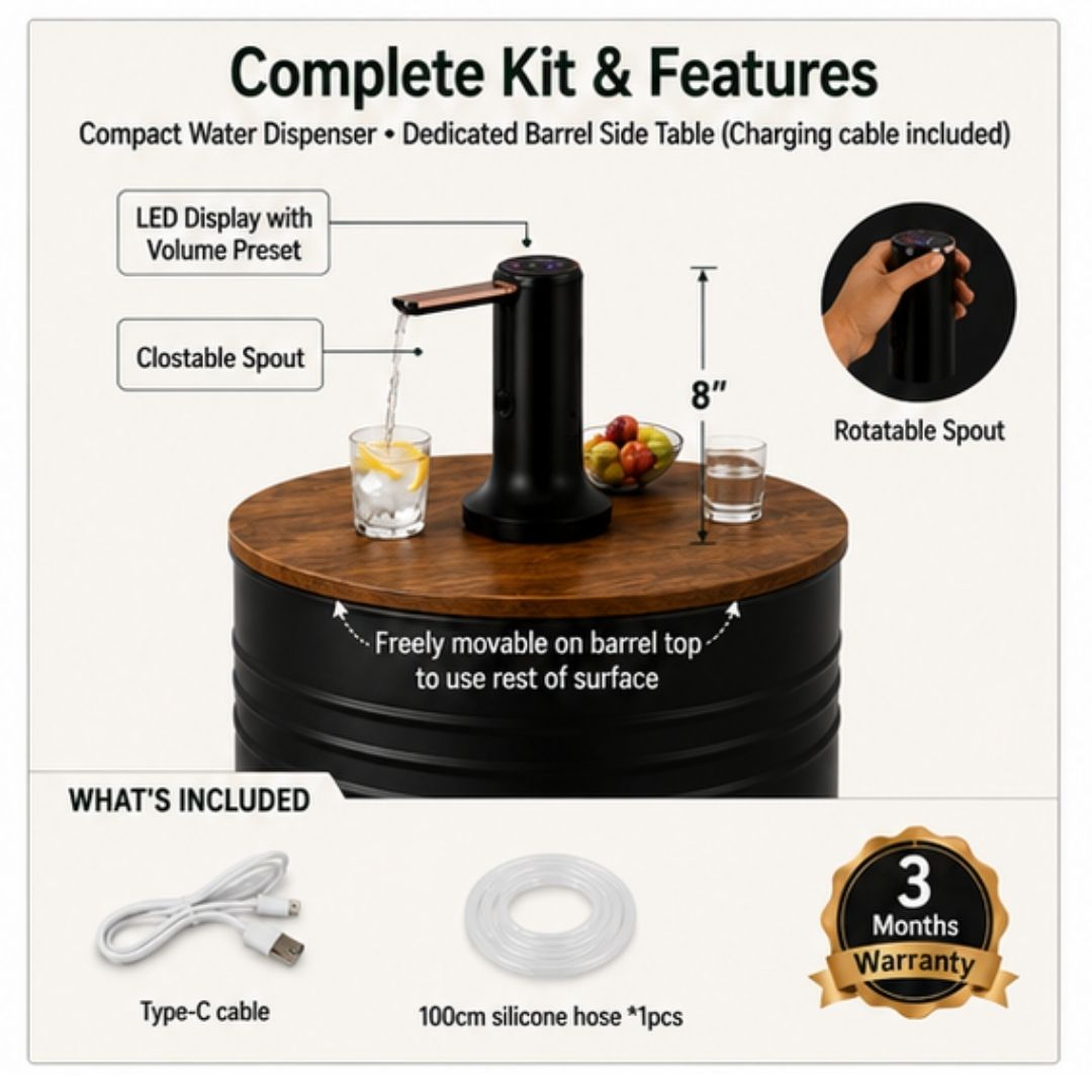 H₂O Black Metal Barrel Water Jug Side Table with Wireless Water Pump Dispenser - Fits All Bottles