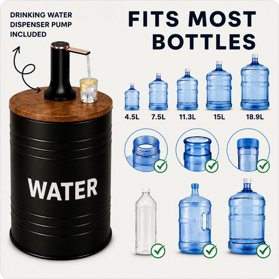 Black Metal Barrel Water Jug Side Table with Wireless Water Pump Dispenser - Fits All Bottles (Copy)