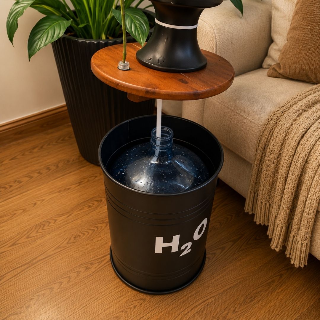 5-Gallon Hidden Water Jug Side Table with Wireless Dispenser Pump & Floral Tube – Black Metal H₂O Barrel