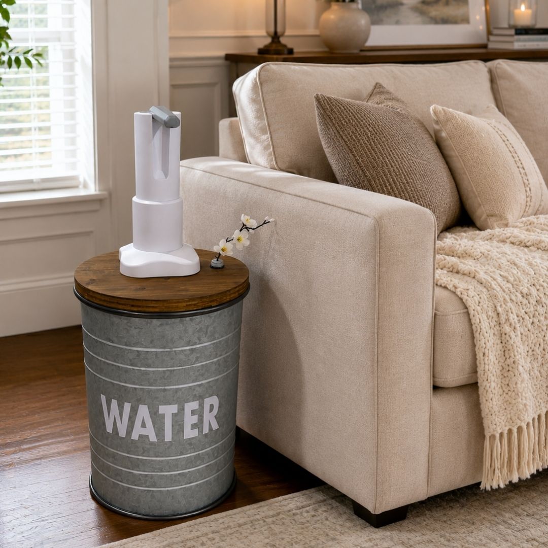 Rustic Style Metal Barrel Water Jug Side Table with Wireless Water Pump Dispenser and Floral Tube - Fits All Bottles