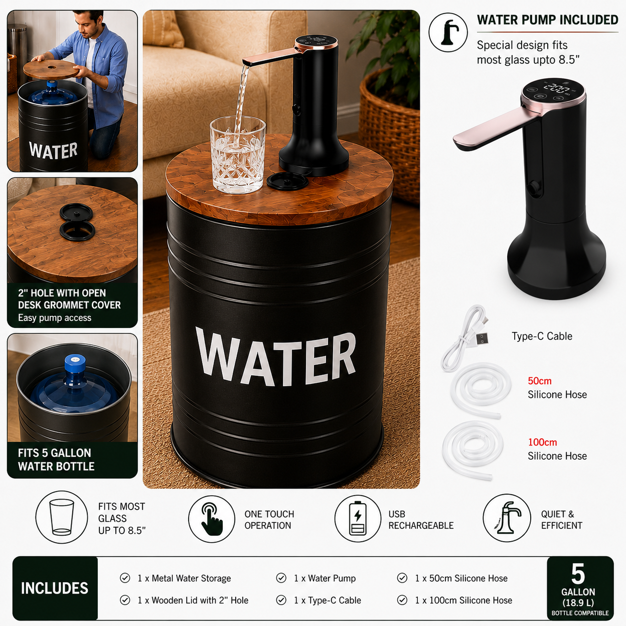 Black Metal Barrel Water Jug Side Table with Wireless Water Pump Dispenser - Fits All Bottles (Copy)