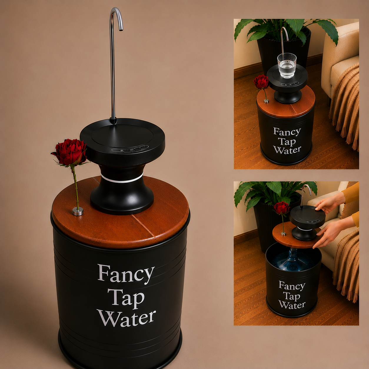 Fancy Tap Water Printed 5-Gallon Hidden Water Jug Side Table with Wireless Dispenser Pump & Floral Tube -Black