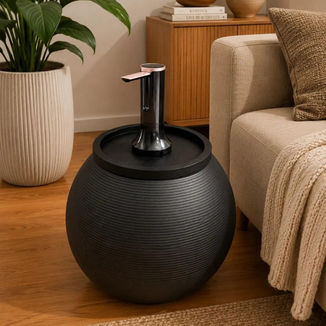 Anthracite Modern Sphere Water Jug Table with Black Wood Top & Wireless Water Pump, Hidden Bottle Cover, Fits Most Standard Water Bottles
