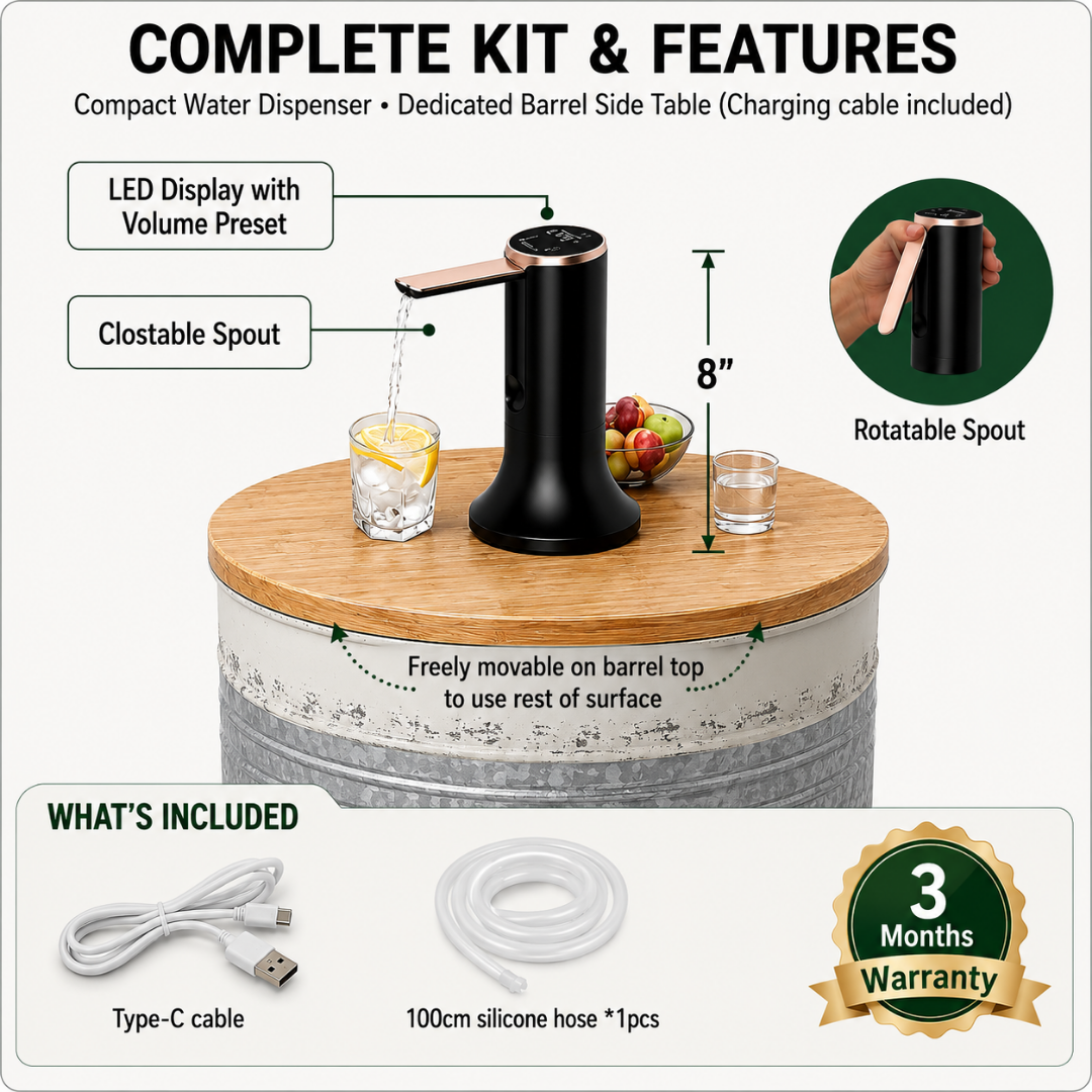 Farmhouse Style Metal Barrel Water Jug Side Table with Wireless Water Pump Dispenser - Fits All Bottles