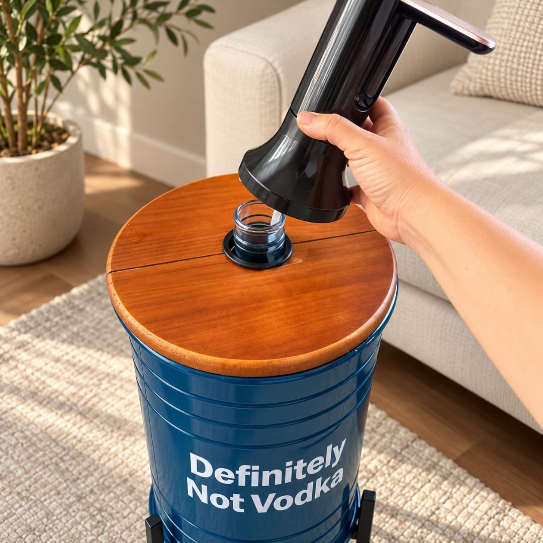 Definitely Not Vodka Printed 5-Gallon Hidden Water Jug Side Table with Wireless Dispenser Pump & Metal Stand - Blue