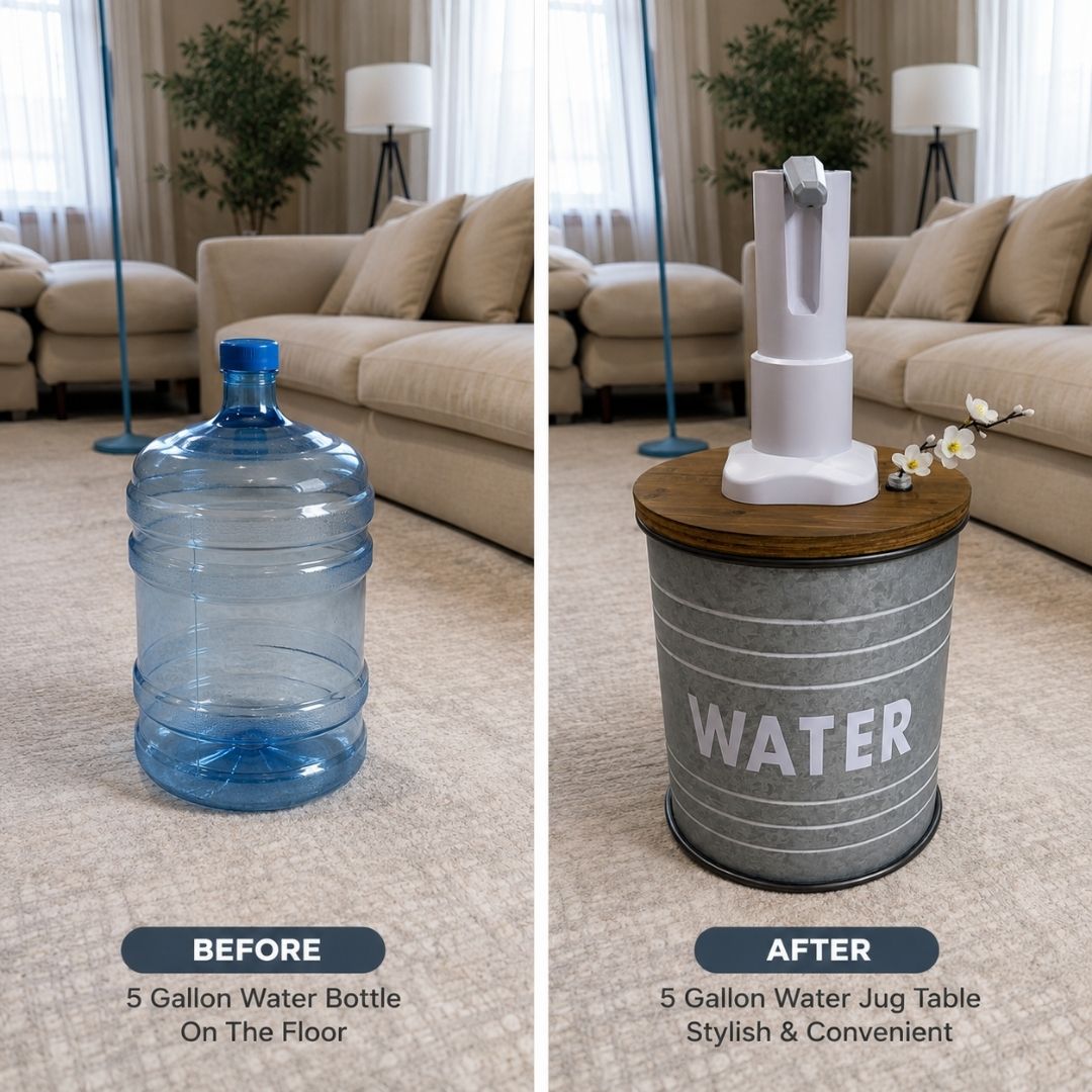 Rustic Style Metal Barrel Water Jug Side Table with Wireless Water Pump Dispenser and Floral Tube - Fits All Bottles
