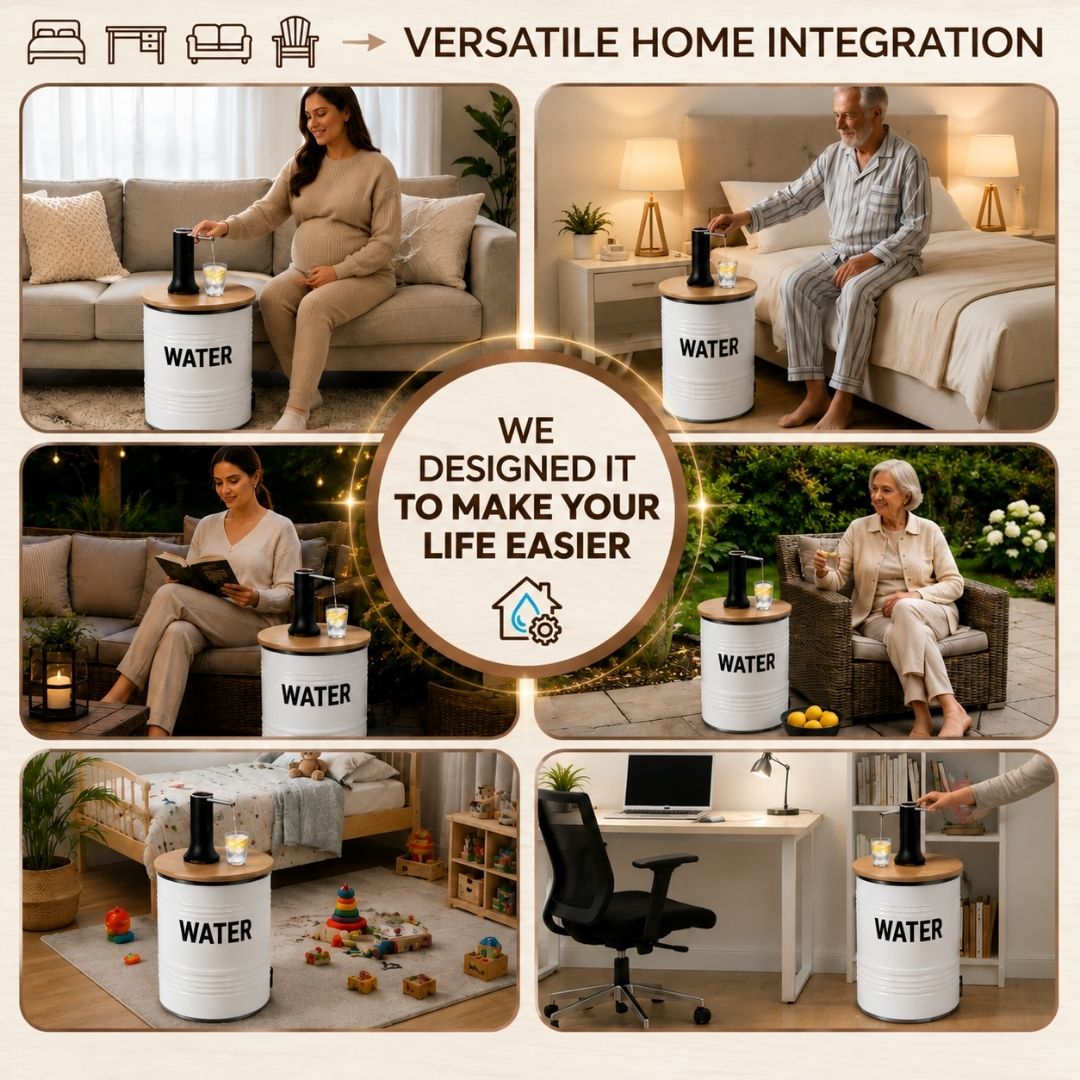 Water Labeled White Barrel Water Jug Side Table with Wireless Water Pump Dispenser - Fits All Bottles