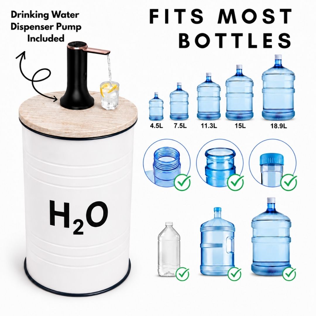 H₂O Labeled White Barrel Water Jug Side Table with Wireless Water Pump Dispenser - Fits All Bottles