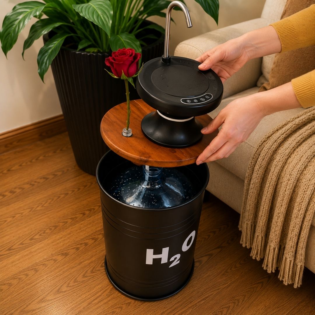 5-Gallon Hidden Water Jug Side Table with Wireless Dispenser Pump & Floral Tube – Black Metal H₂O Barrel