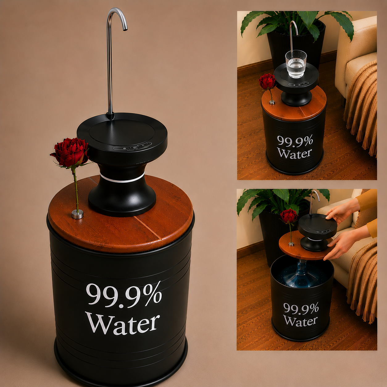 99.9% Water  Printed 5-Gallon Hidden Water Jug Side Table with Wireless Dispenser Pump & Floral Tube -Black
