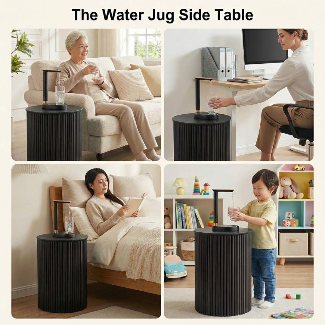 Black Water Jug Side Table, Round Side Table Night Stand w/ Water Storage, Water bottle Cover - Fits All Bottles