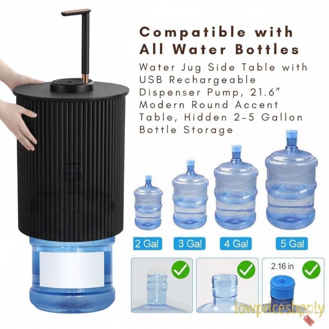 Black Water Jug Side Table, Round Side Table Night Stand w/ Water Storage, Water bottle Cover - Fits All Bottles