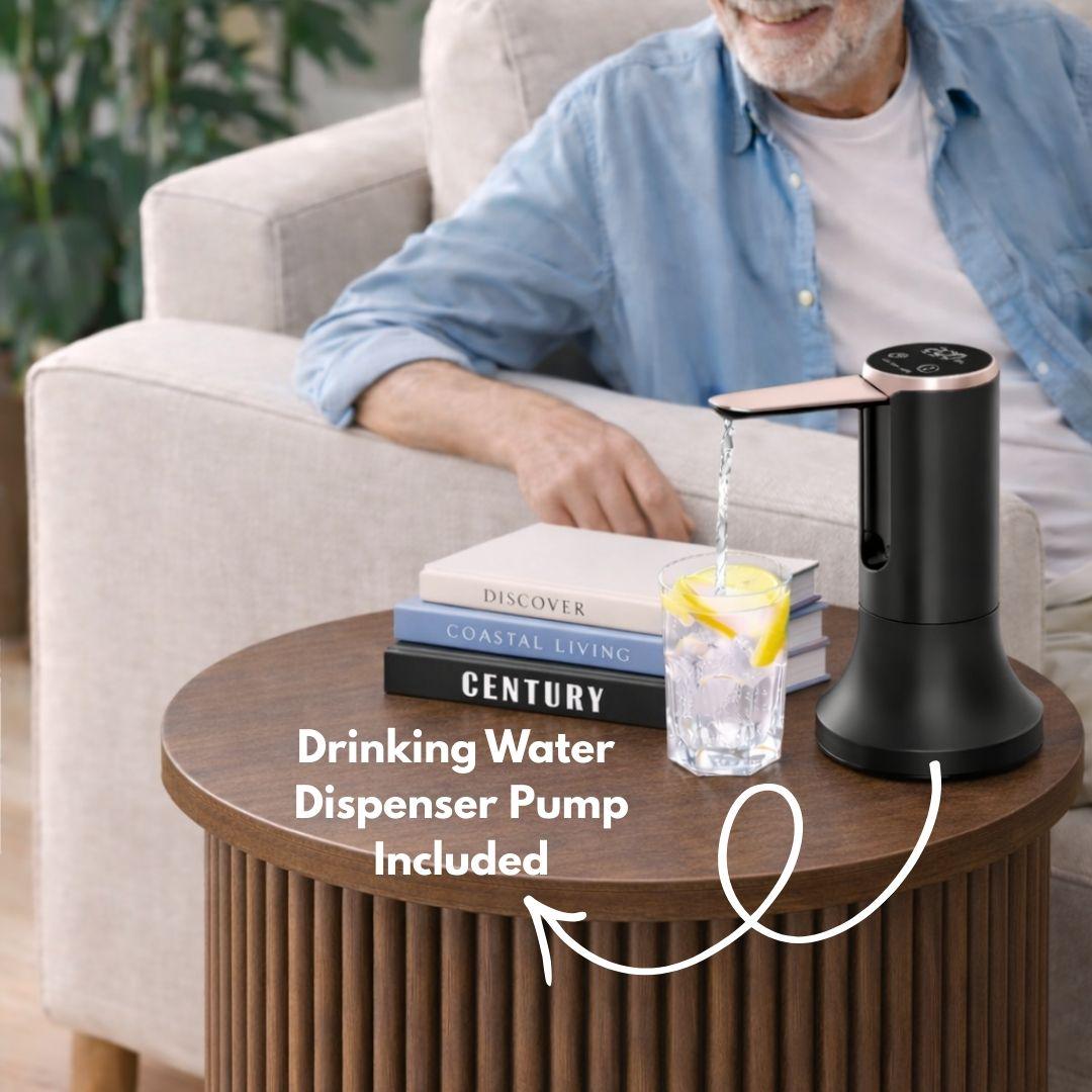 Walnut Large Water Jug Side Table with Touchless Water Pump, Round Fluted Nightstand with Hidden 1-5 Gallon Water Bottle Storage Fits Most Bottles